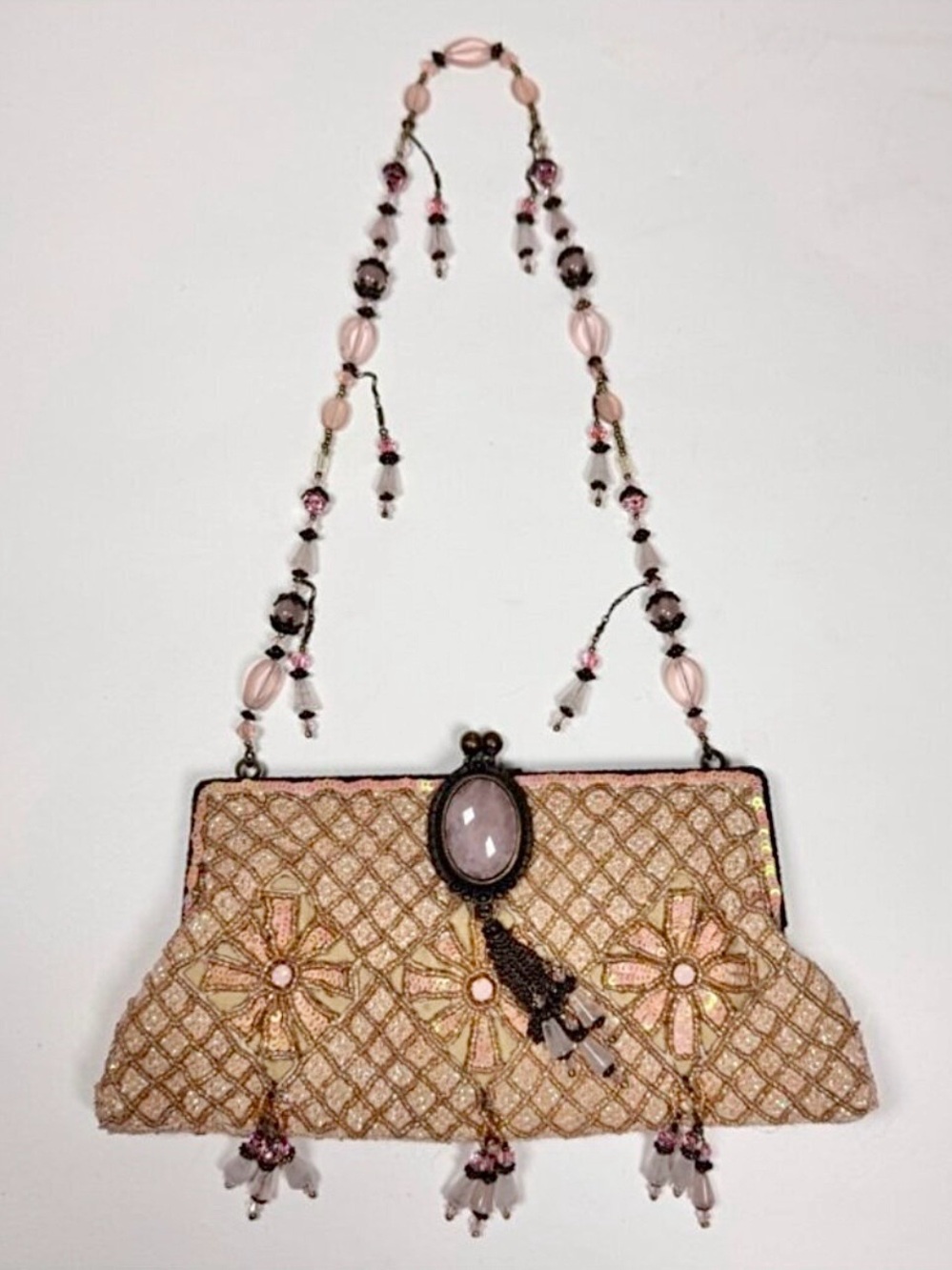 VTG Rare Todd Anthony New York Designer Beaded Evening Bag Rose Quartz Cabochon